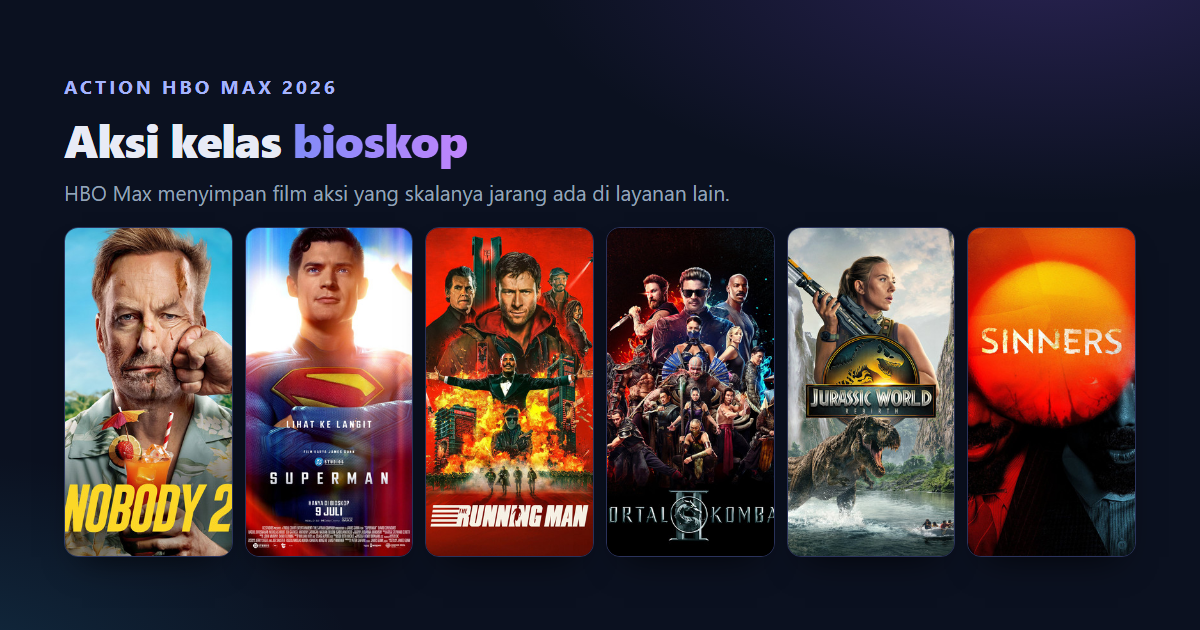 Kolase poster film aksi HBO Max Indonesia 2026: Nobody 2, Mad Max: Fury Road, Dune: Part Two, Godzilla x Kong: The New Empire, dan The Batman
