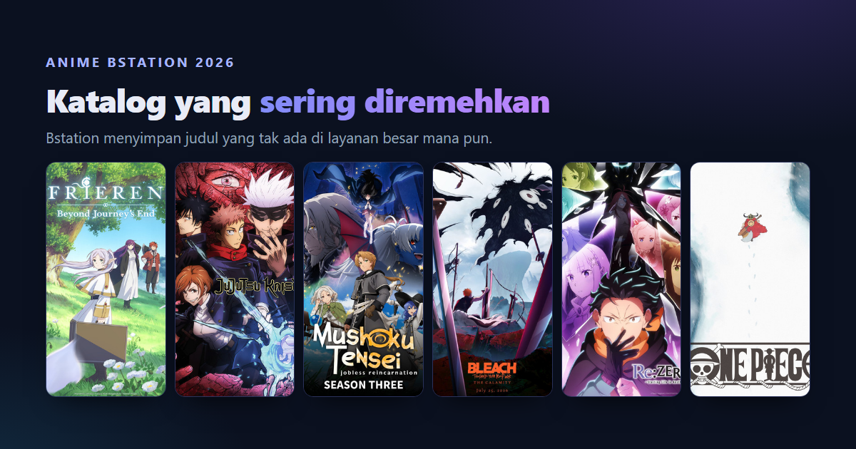 Kolase poster anime Bstation 2026: Frieren Season 2, Jujutsu Kaisen arc Culling Game, Mushoku Tensei Season 3, Bleach Thousand-Year Blood War, dan One Piece arc Elbaf