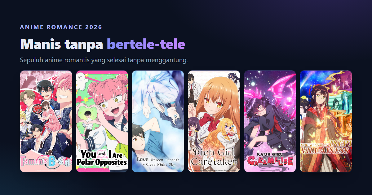 Kolase poster anime romance di Bstation: Horimiya, My Dress-Up Darling, A Sign of Affection, The Dangers in My Heart, dan Tamon's B-Side