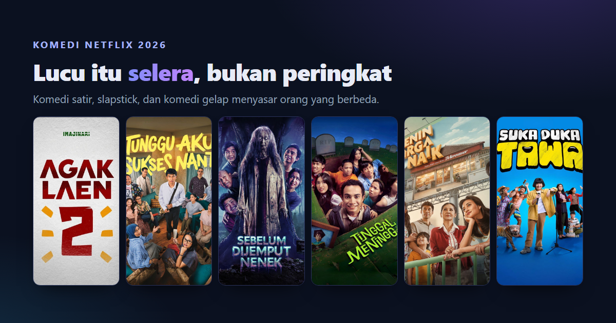 Kolase poster film komedi Netflix 2026: Agak Laen Menyala Pantiku, Tinggal Meninggal, Sebelum Dijemput Nenek, Senin Harga Naik, dan Office Romance