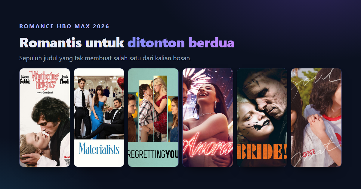 Kolase poster film romance HBO Max 2026 yang memuat Wuthering Heights, Anora, Regretting You, Crazy Rich Asians, dan The Last 10 Years