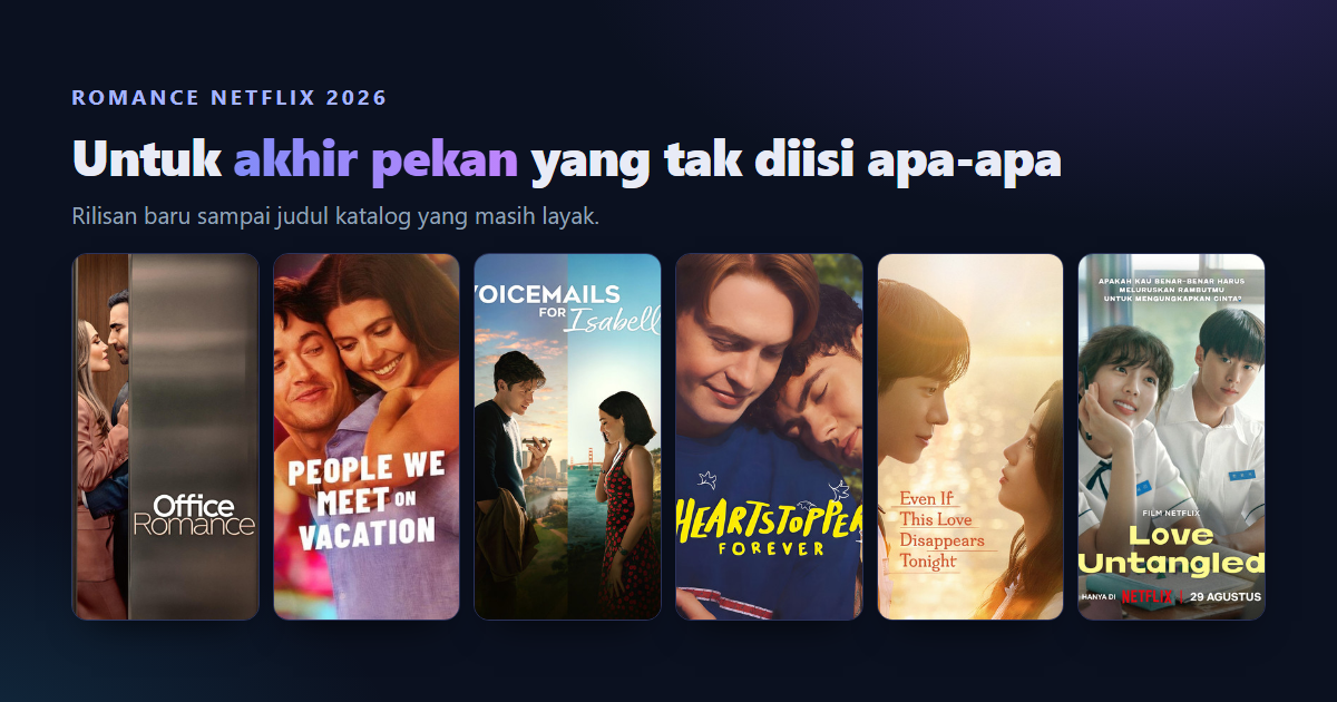 Kolase poster film romance Netflix Agustus 2026 yang memuat Office Romance, Materialists, Malaikat Malam, Patah Hati Yang Kupilih, dan Heartstopper Forever